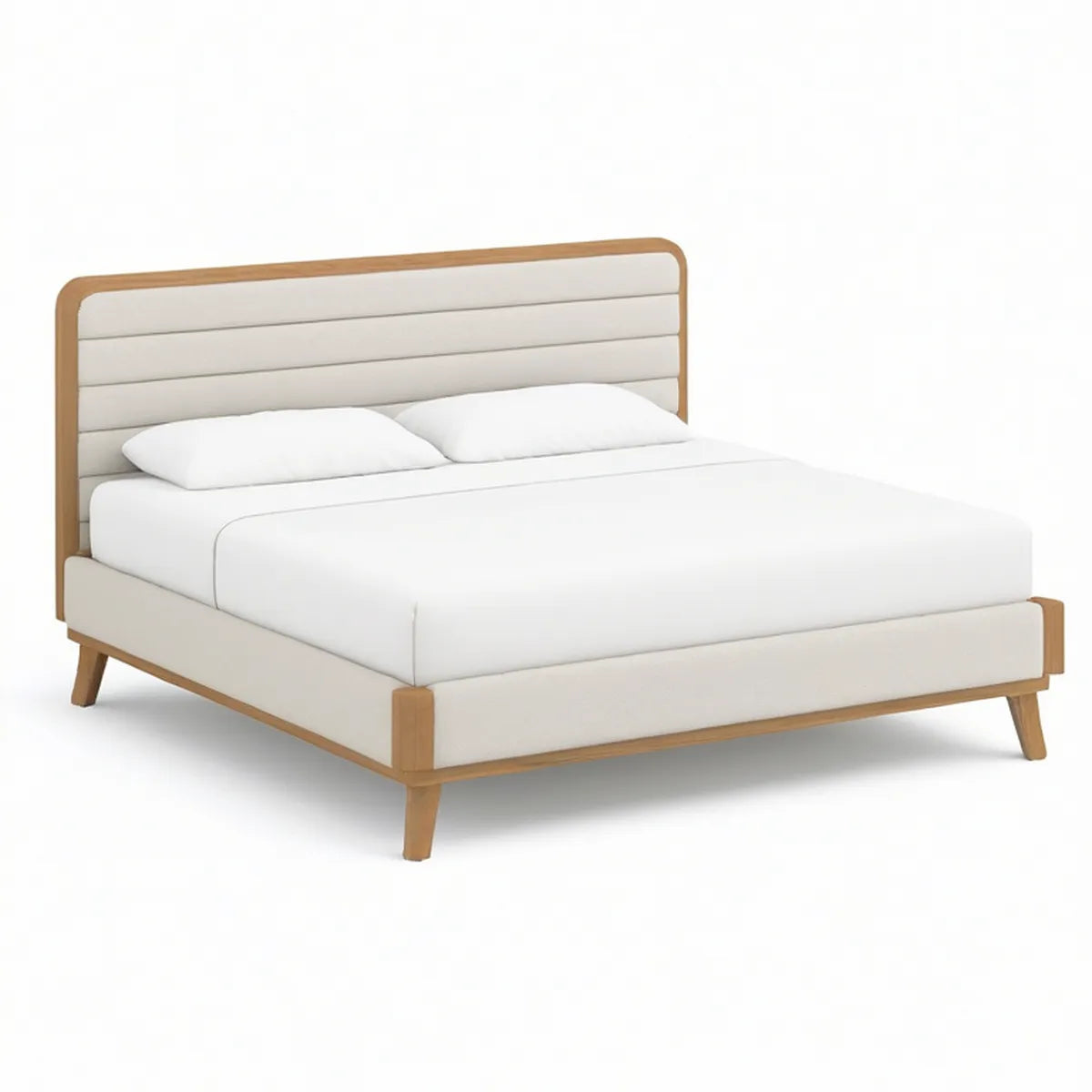 Queen Upholstered Panel Bed Frame, 64 x 86 x 48 in, White and Natural Brown
