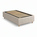 Twin Upholstered Bed Frame for 39 x 75 in Mattress, Beige with Natural Wood Legs and Black Steel Slats
