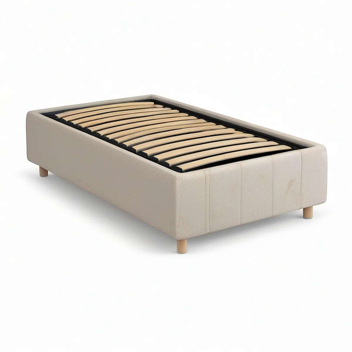 Twin Upholstered Bed Frame for 39 x 75 in Mattress, Beige with Natural Wood Legs and Black Steel Slats