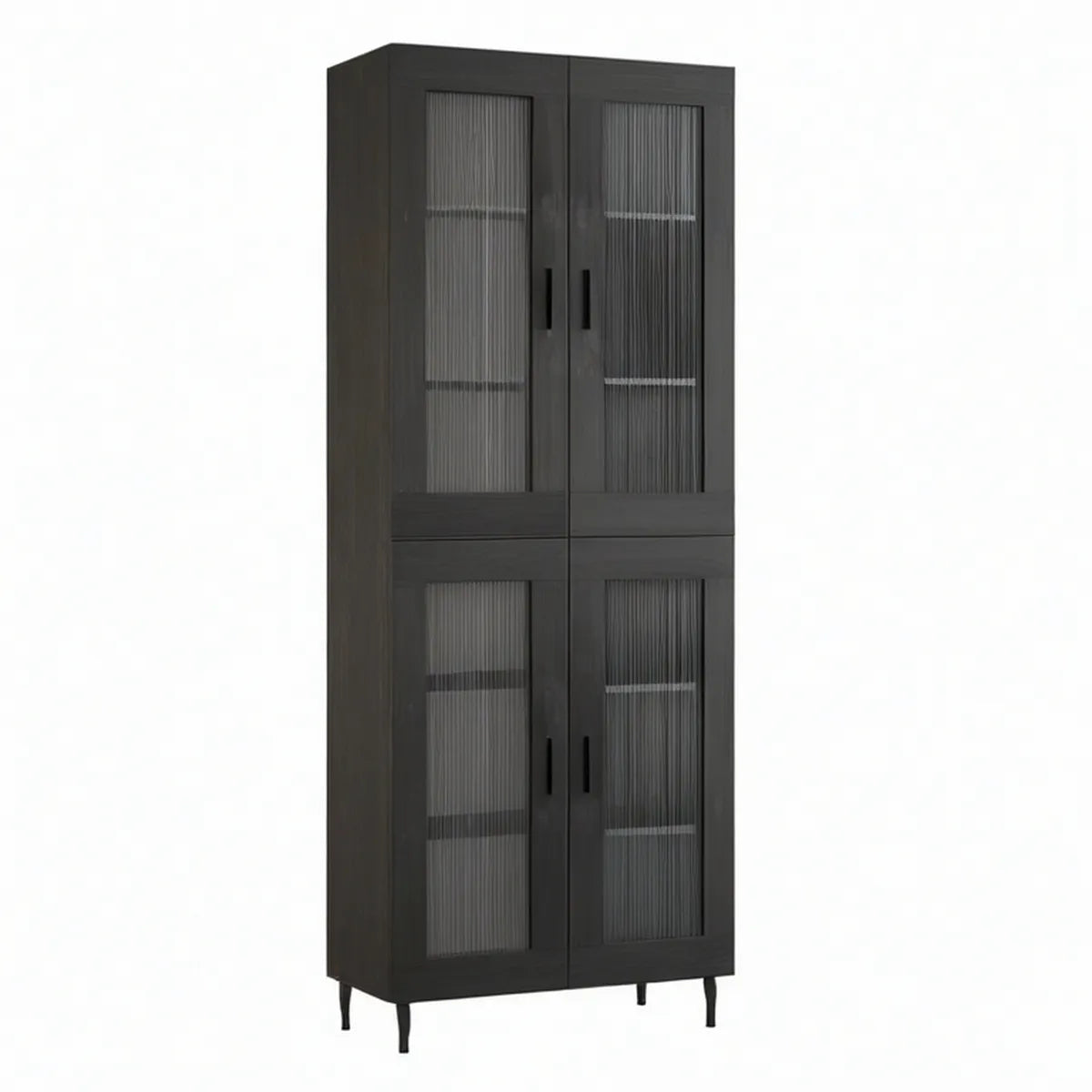 Black 4-Door Storage Cabinet with Fluted Tempered Glass, 31.5 x 15.7 x 70.9 in