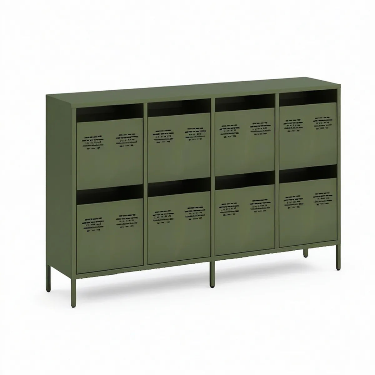 Olive Green Steel Storage Cabinet with 8 Ventilated Doors, 60 x 15.7 x 31.5 in