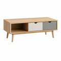 Mid-Century Modern Coffee Table, 43.3 x 19.7 x 17.7 in, Natural Oak/White/Gray, 2 Drawers and Open Storage