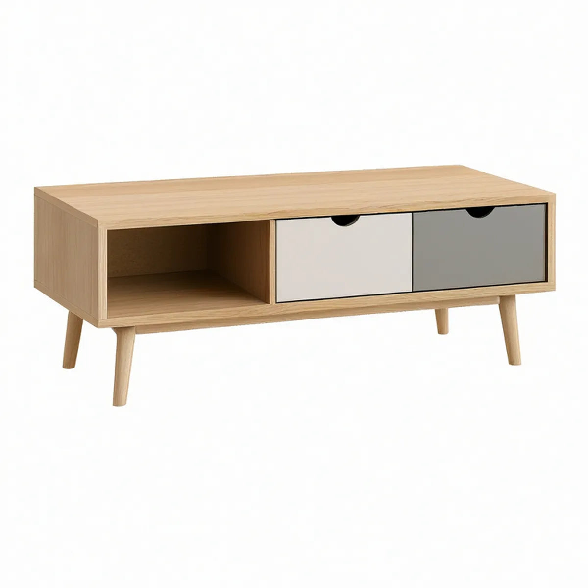 Mid-Century Modern Coffee Table, 43.3 x 19.7 x 17.7 in, Natural Oak/White/Gray, 2 Drawers and Open Storage