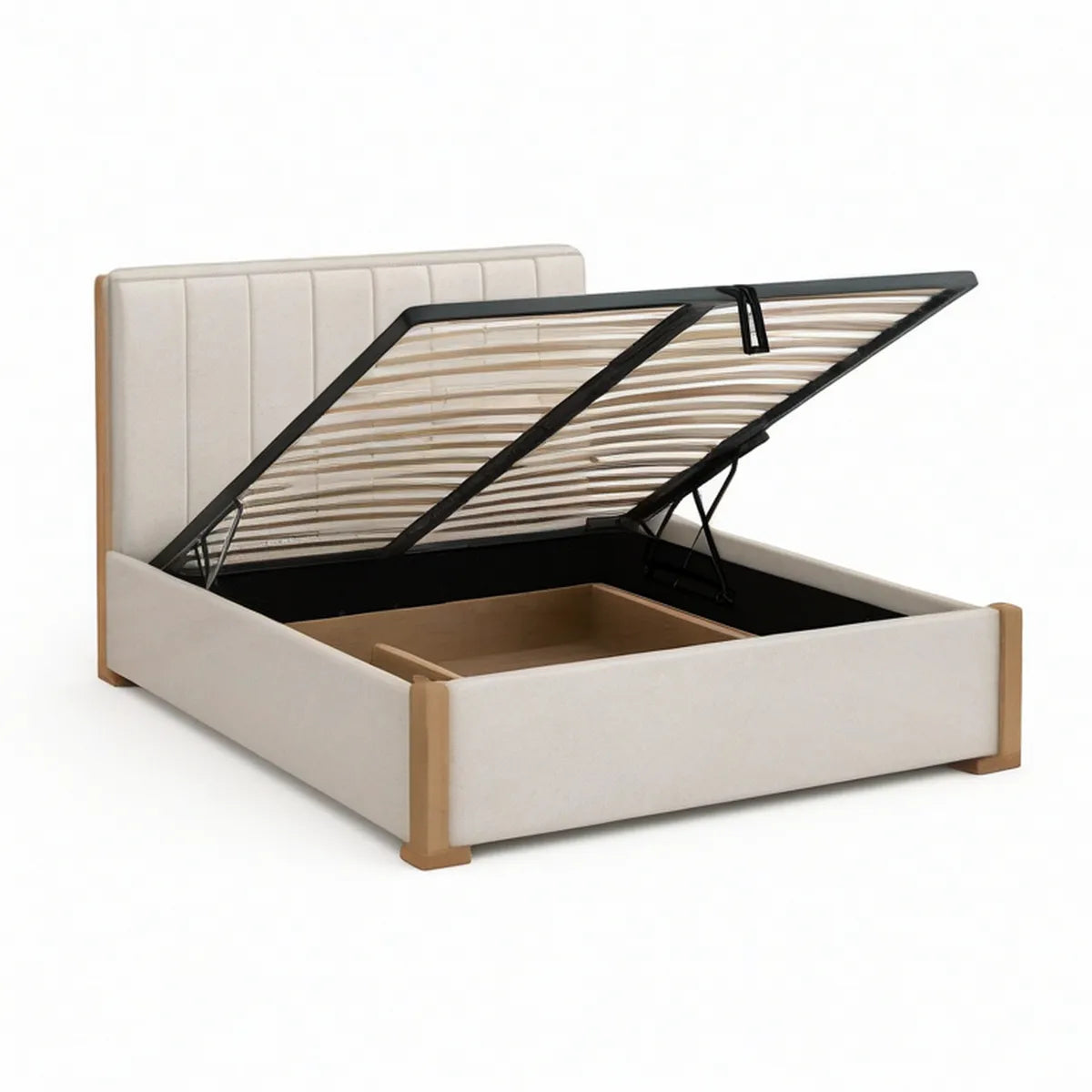 Queen Upholstered Lift-Up Storage Bed with Gas Struts, Beige/Light Brown, 63 x 83 x 45 in