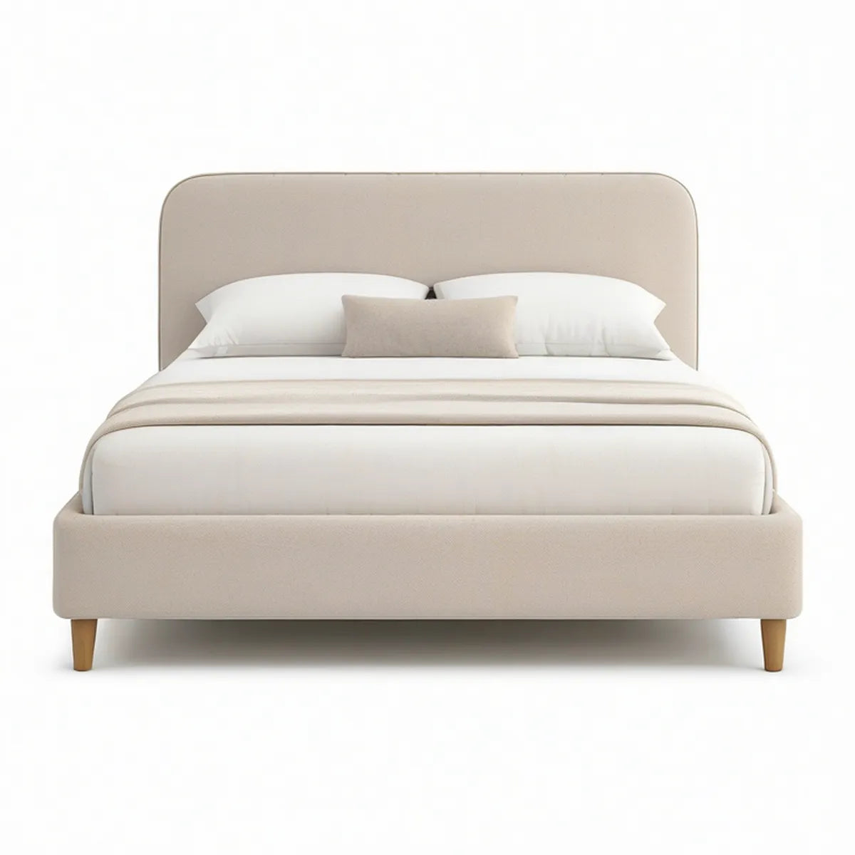 Queen Storage Bed with Rounded Upholstered Headboard, Beige/Natural Brown, 64 in. x 85 in. x 45 in.