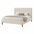 Queen Cream Upholstered Platform Bed Frame with Channel-Tufted Headboard, 64 x 86 x 52 in