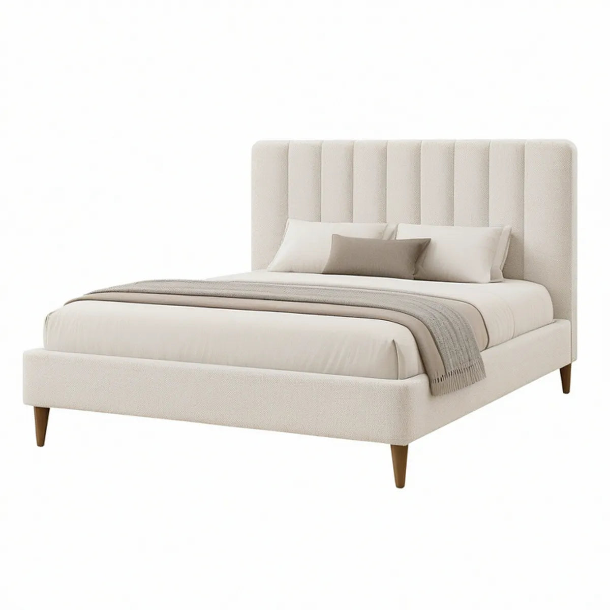 Queen Cream Upholstered Platform Bed Frame with Channel-Tufted Headboard, 64 x 86 x 52 in