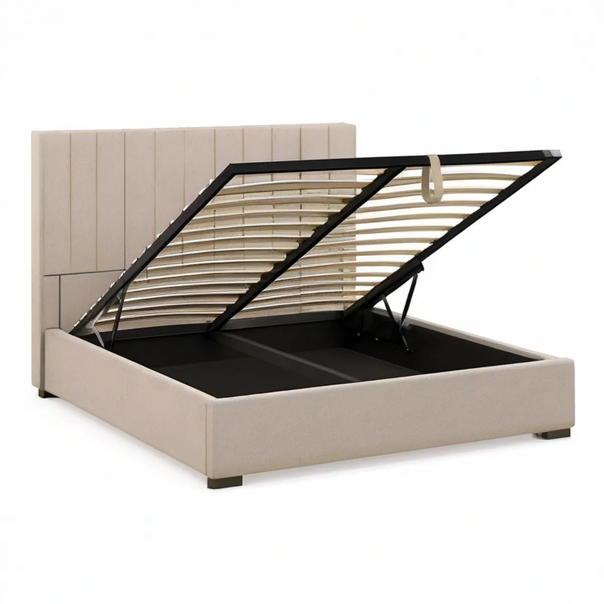 Queen Beige Upholstered Lift-Up Storage Bed, 86.6 x 65.7 x 47.2 in