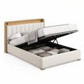 Queen Lift-Up Storage Bed with Upholstered Headboard, Cream Polyester and Natural Wood, 64 x 86 x 48 in