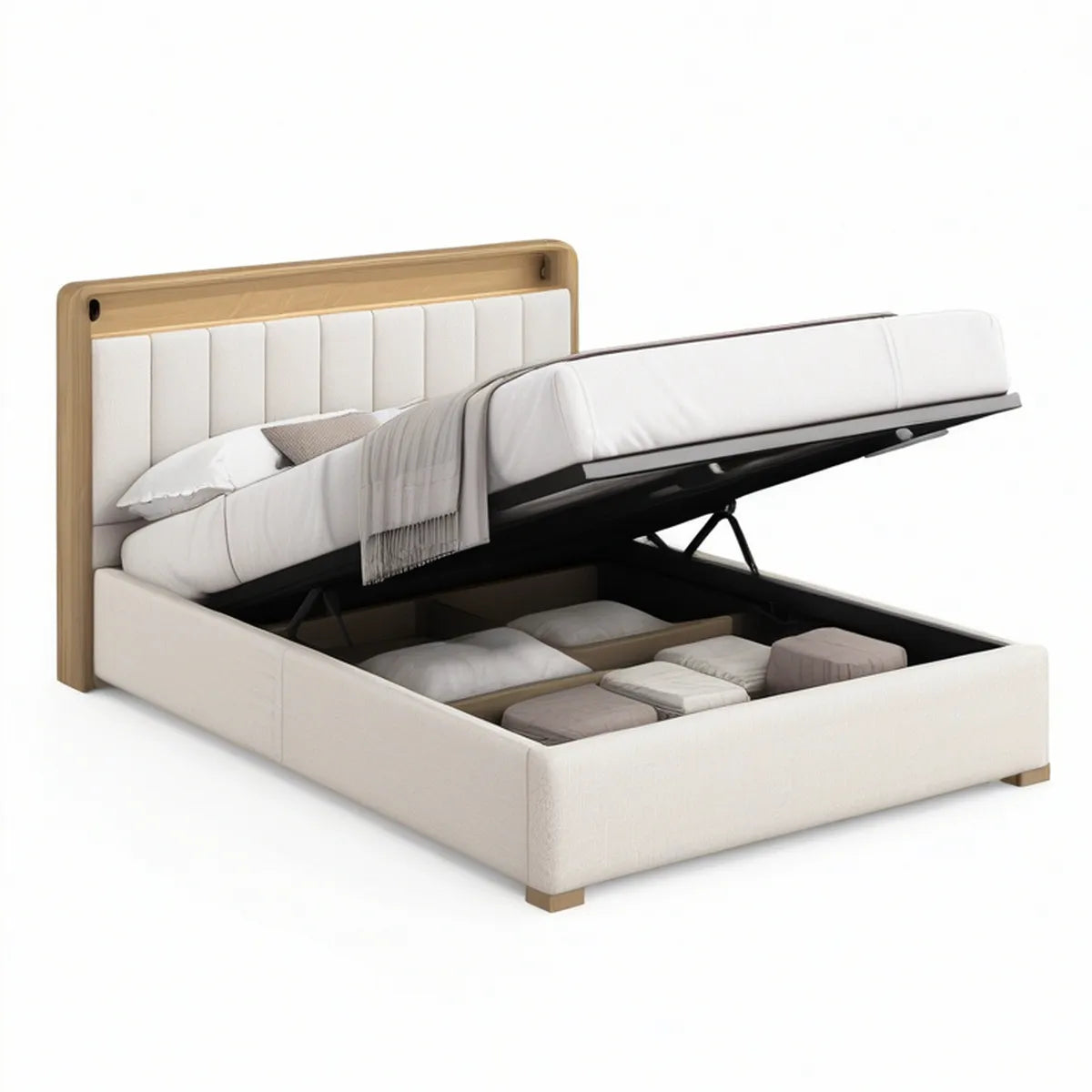 Queen Lift-Up Storage Bed with Upholstered Headboard, Cream Polyester and Natural Wood, 64 x 86 x 48 in