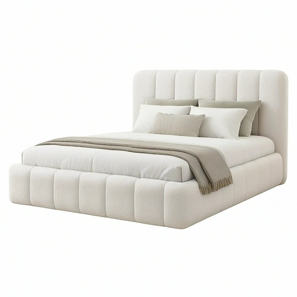 Cream Queen Upholstered Storage Bed with Boucle Fabric, 64 x 86 x 50 in
