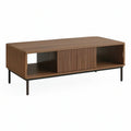 Walnut Brown and Black Rectangular Coffee Table with Sliding Door Storage, 47.2 x 23.6 x 17.7 in