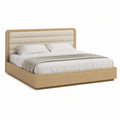 Queen Natural Oak Platform Bed Frame with Beige Upholstered Headboard, 88 x 65 x 48 in