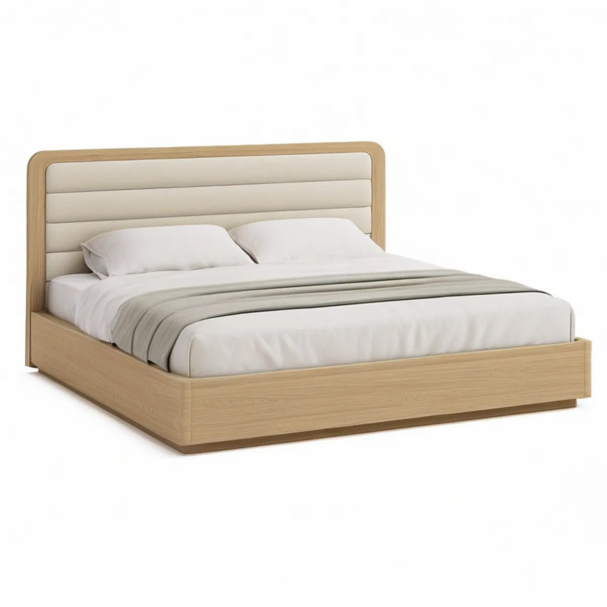 Queen Natural Oak Platform Bed Frame with Beige Upholstered Headboard, 88 x 65 x 48 in