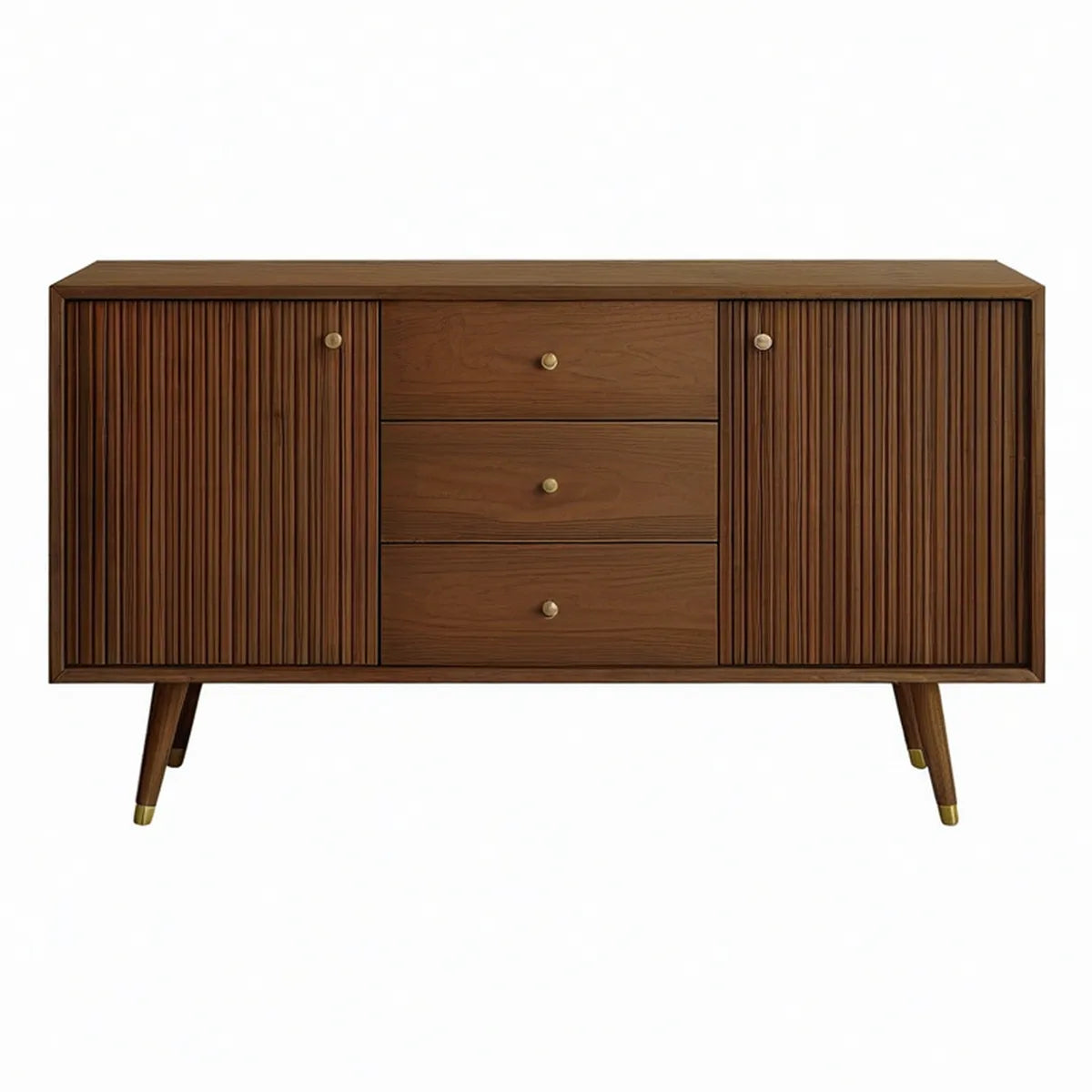 63 x 16 x 32 in Walnut Brown Sideboard Buffet Cabinet with 3 Drawers and 2 Fluted Doors
