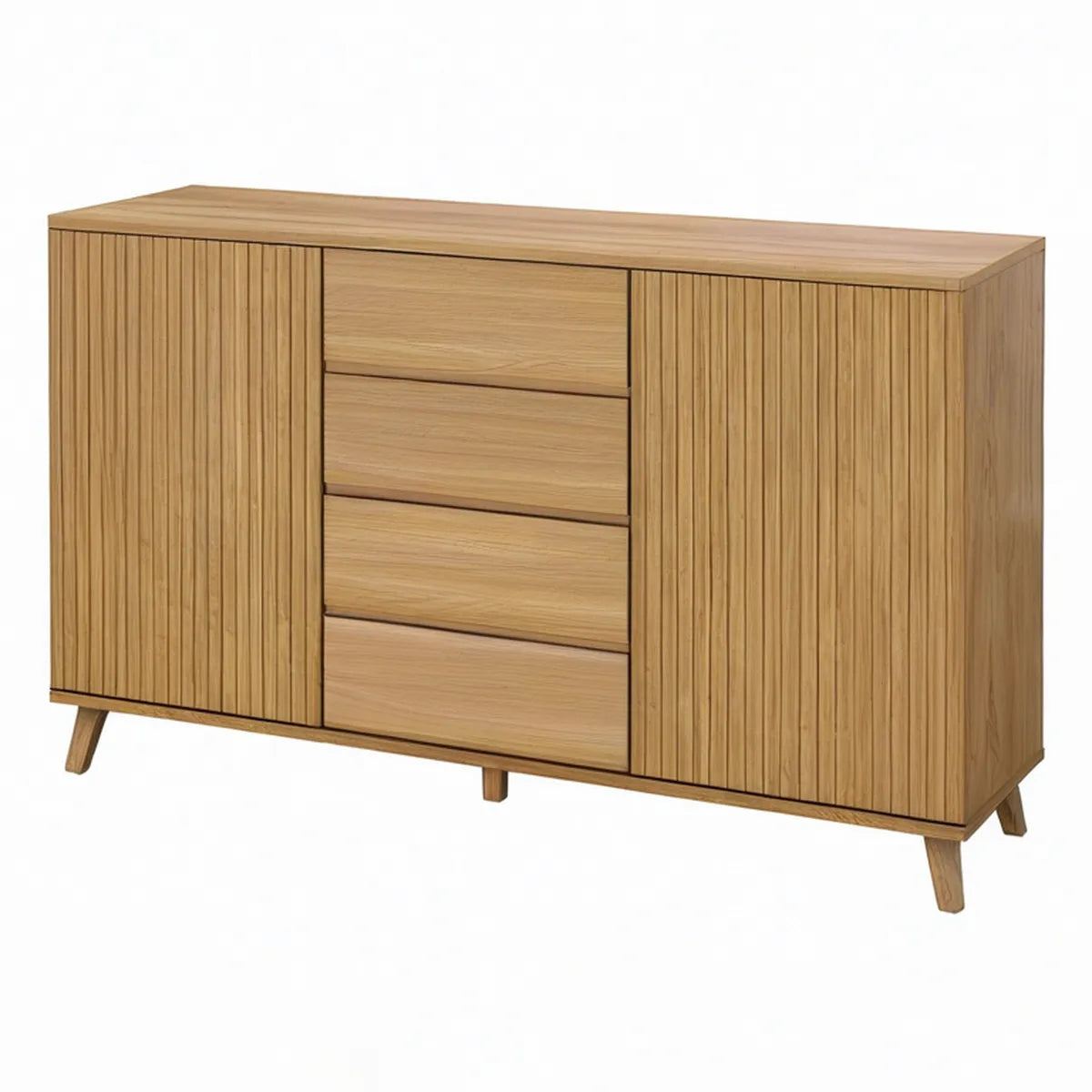 Natural Oak Veneer Sideboard Buffet Cabinet with 4 Drawers and 2 Ribbed Doors, 63.0 x 15.7 x 33.5 in