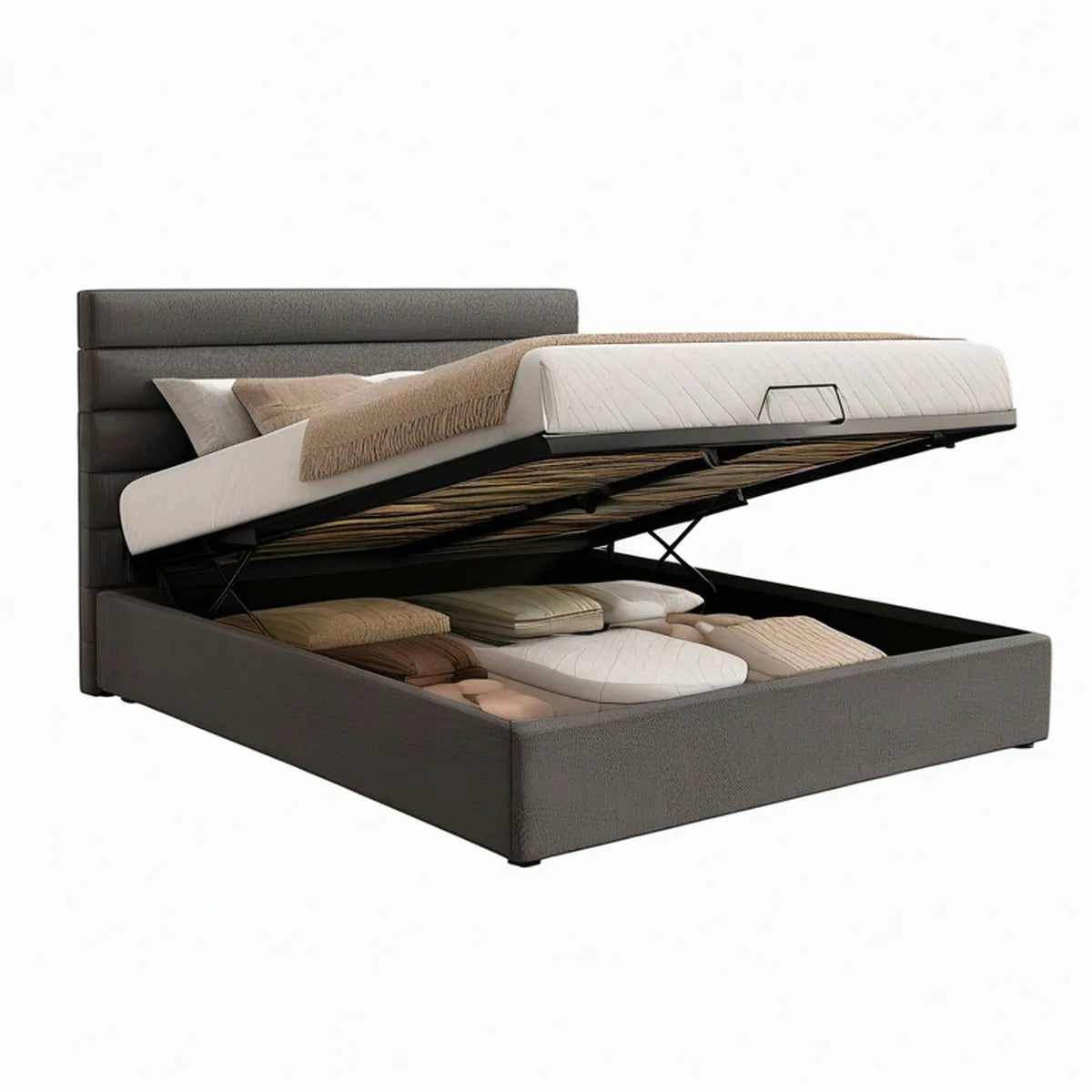 King Size Dark Gray Upholstered Hydraulic Lift Storage Bed Frame, 80 x 84 x 48 in