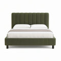 Queen Upholstered Platform Bed Frame, 65 x 87 x 50 in, Vertical Channel Velvet Headboard, Olive Green