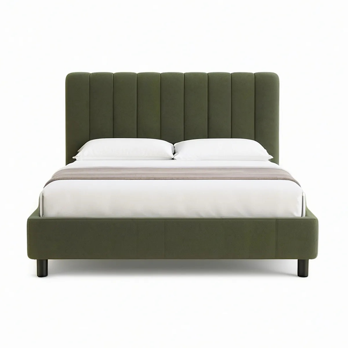 Queen Upholstered Platform Bed Frame, 65 x 87 x 50 in, Vertical Channel Velvet Headboard, Olive Green