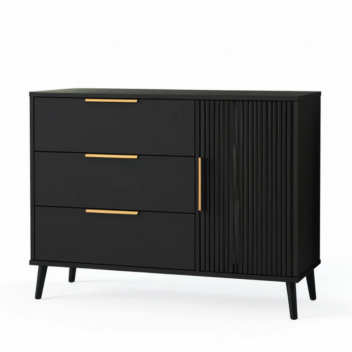 Modern Black Storage Cabinet with 3 Drawers, Fluted Door, Gold-Tone Handles, 47.2 x 15.7 x 31.5 in