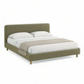 Olive Green Upholstered Queen Platform Bed Frame with Natural Brown Legs, 64 x 86 x 45 in