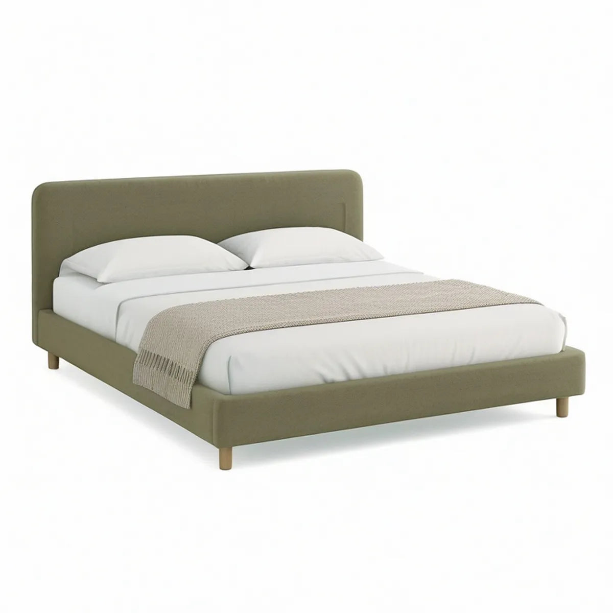 Olive Green Upholstered Queen Platform Bed Frame with Natural Brown Legs, 64 x 86 x 45 in