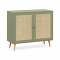 Sage Green 2-Door Storage Cabinet with Natural Rattan Panels, 31.5 x 15.7 x 34.3 in