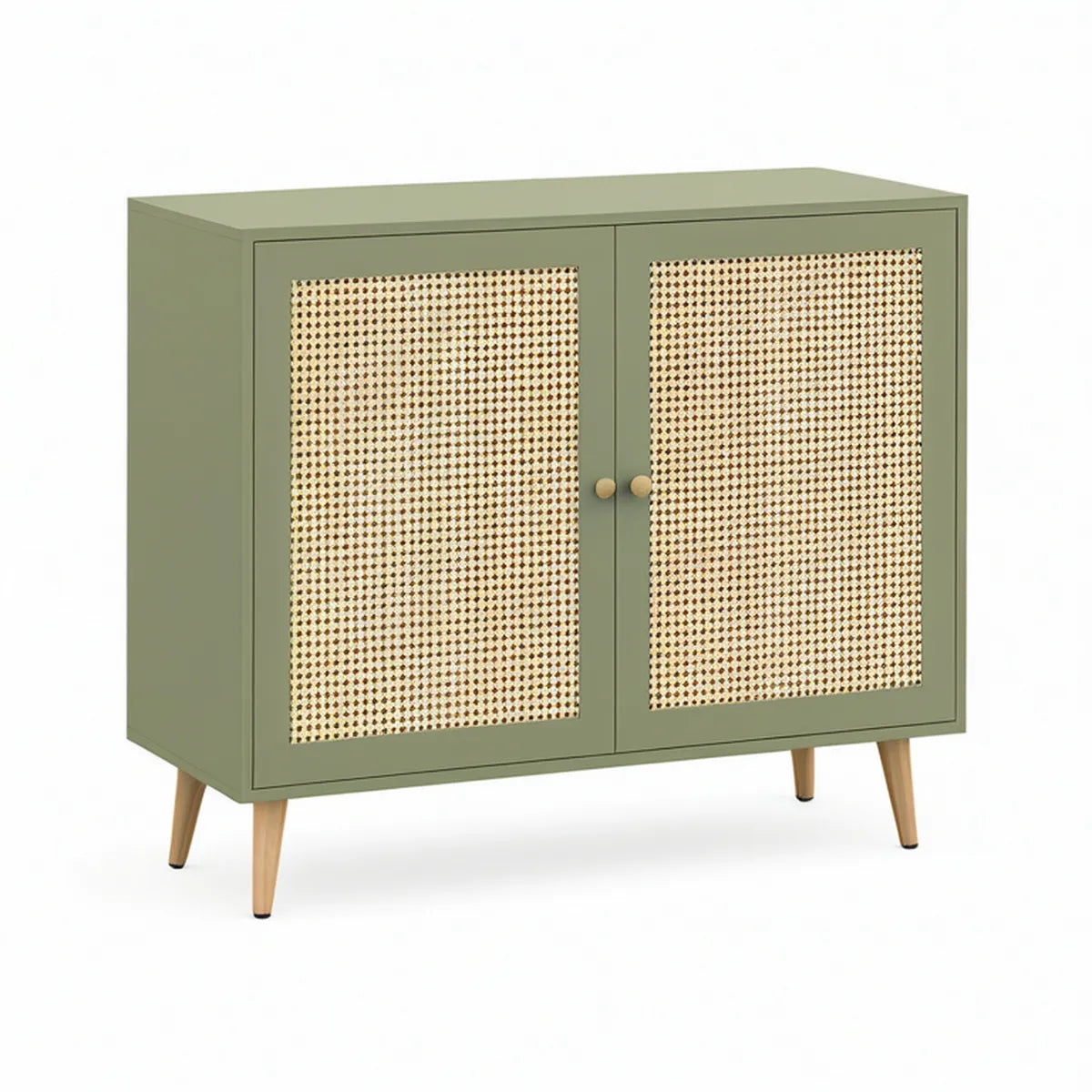 Sage Green 2-Door Storage Cabinet with Natural Rattan Panels, 31.5 x 15.7 x 34.3 in