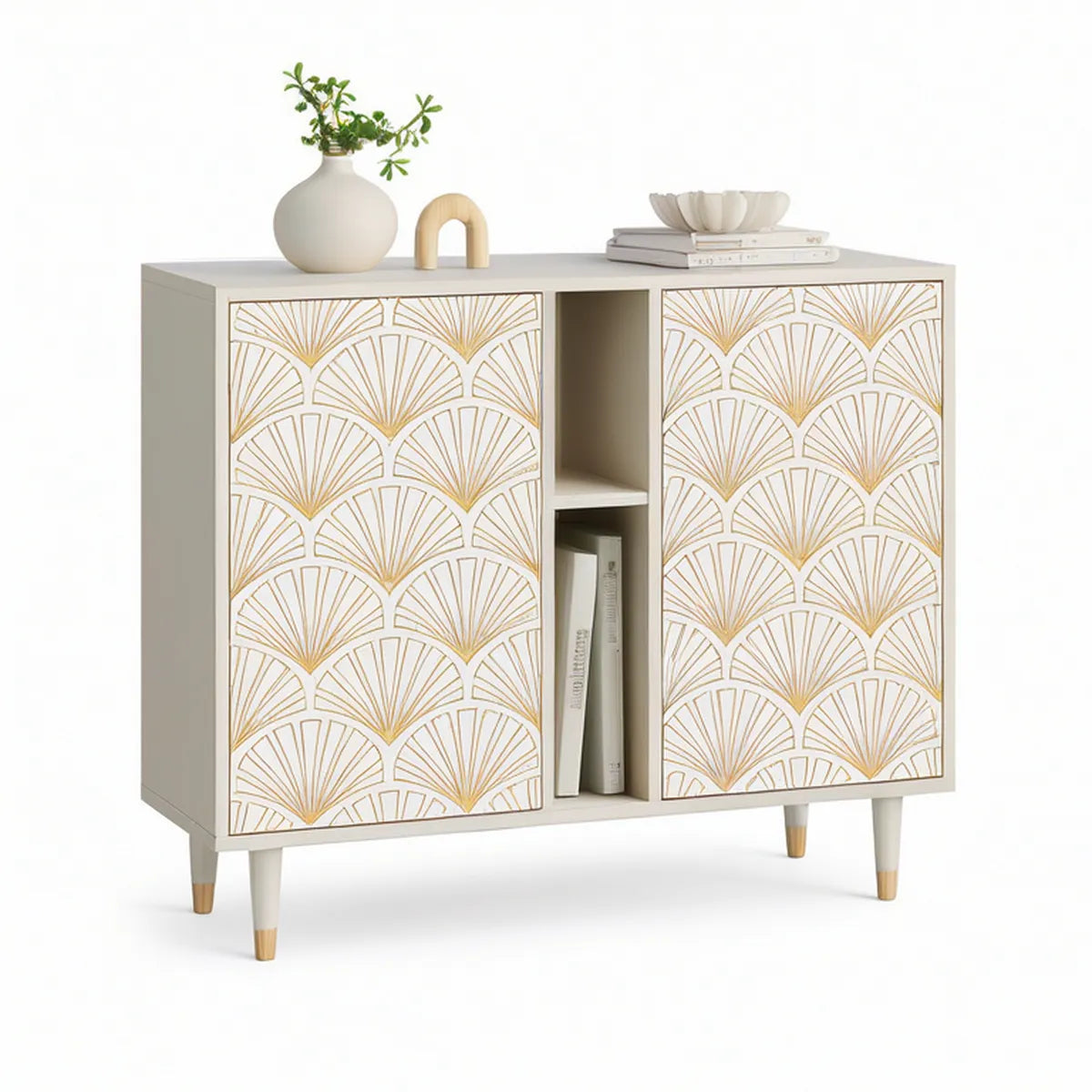 Ivory and Gold 47.2 x 15.7 x 35.4 in MDF Sideboard with 2 Doors and Open Shelves