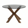Round Smoked Tempered Glass Coffee Table, Walnut Veneer MDF X-Base, 39.37 x 39.37 x 17.72 in