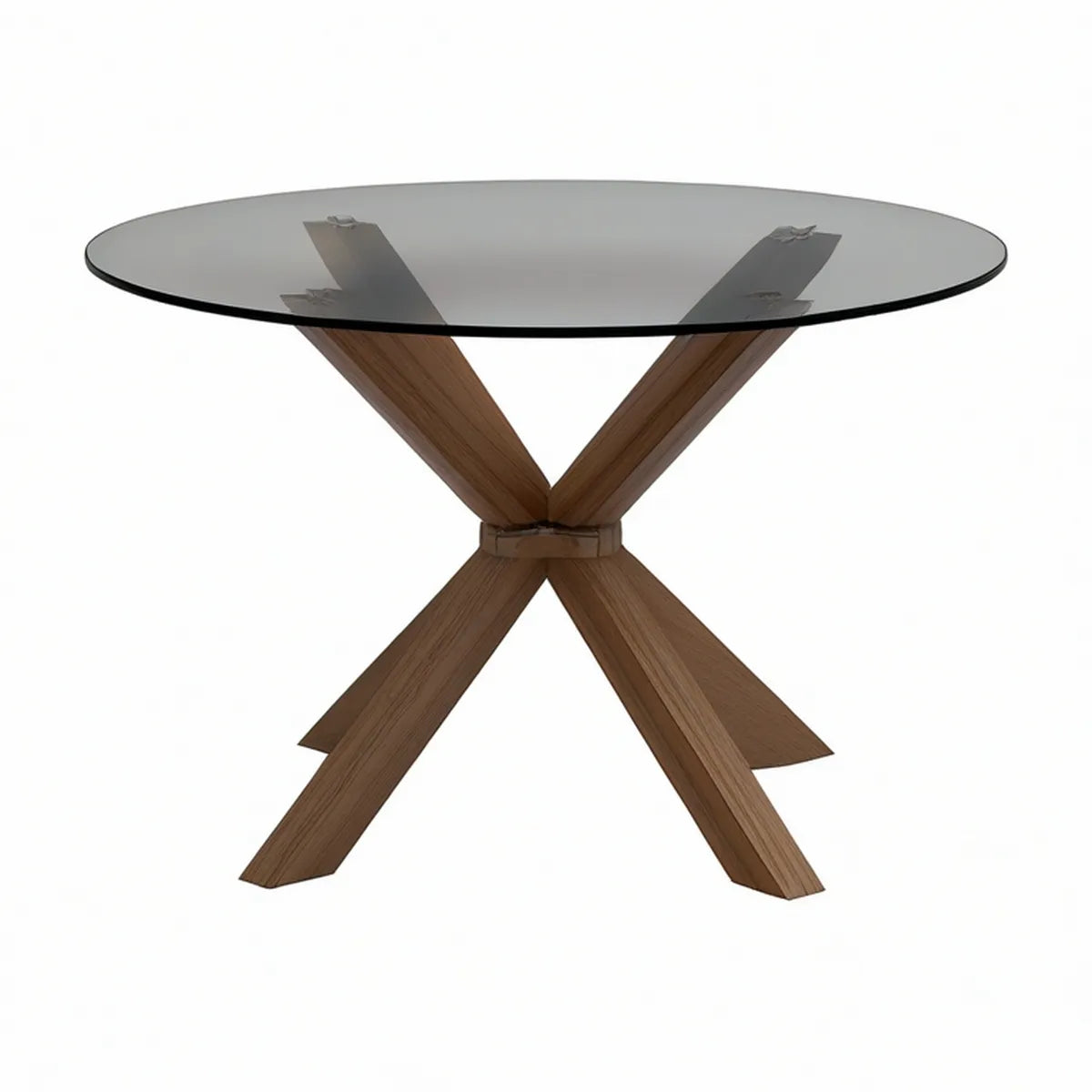 Round Smoked Tempered Glass Coffee Table, Walnut Veneer MDF X-Base, 39.37 x 39.37 x 17.72 in
