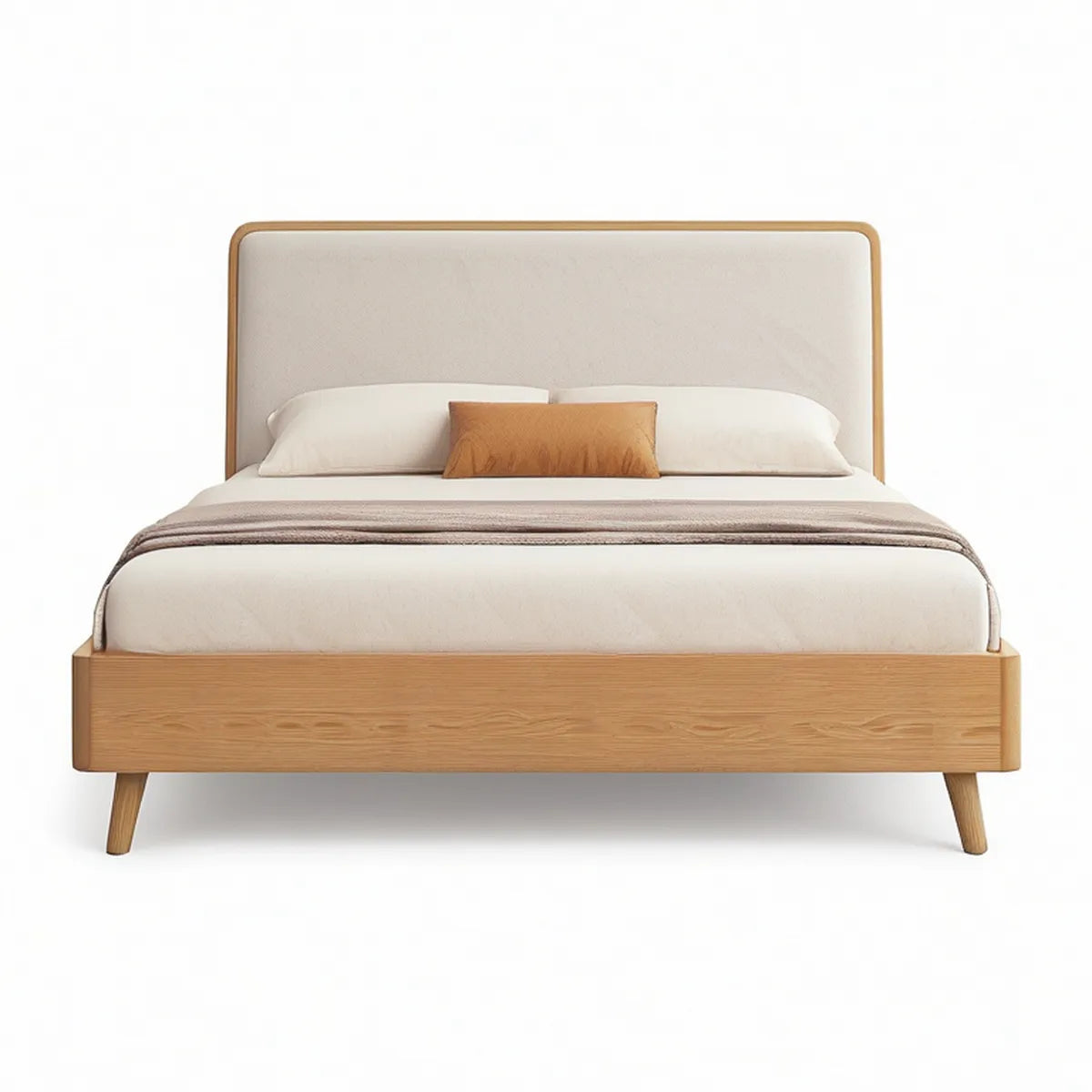 Queen Natural Rubberwood Platform Bed Frame with Cream Upholstered Headboard, 65 x 87 x 45 in